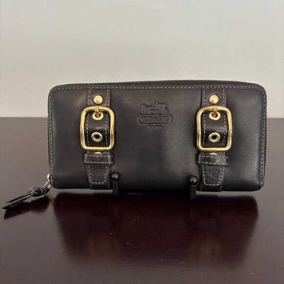 Coach Handbags - Coach Zoe Black Leather Zip Around Accordion Wallet